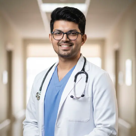 Dr Hamza Ahmad hair transplant plastic surgeon smiling in white coat with stethoscope and blue scrubs in Dot Clinics corridor